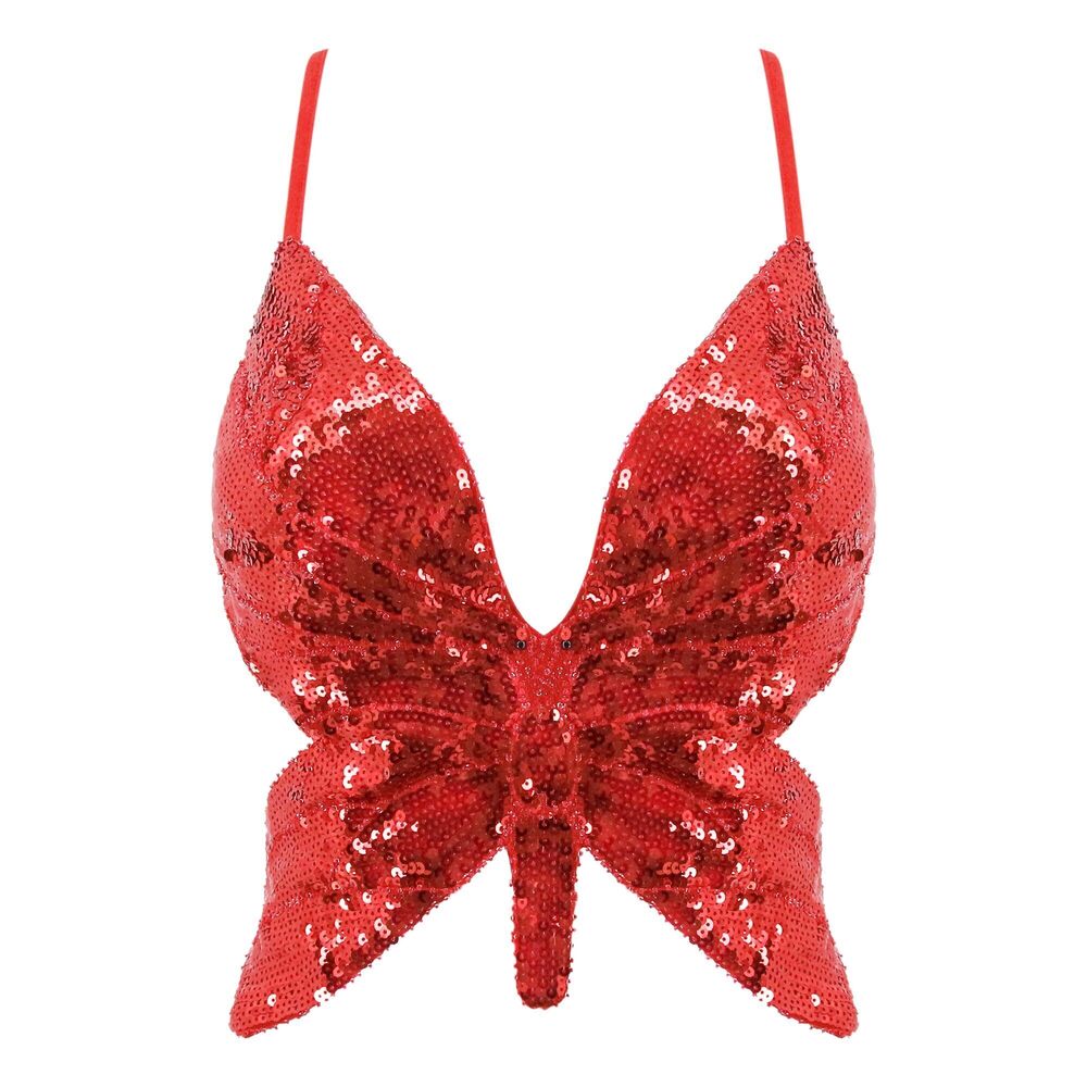 9780 ’s Sexy Butterfly Shape Sequin Crop Top Bandage Lace up Tank Top Belly